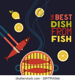 BBQ seafood cooking flat color vector poster. Fresh fish dish grilled on barbeque cute cartoon design element. Sea food, lemon retro style illustration background. Concept idea fishes restaurant menu