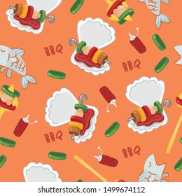 Bbq and seafood elements seamless pattern isolated on pastel background : Vector Illustration