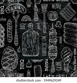 BBQ Seamless Pattern, black Barbecue background in sketch chalkboard style with grill vector food. Meat steak, beef kebab, fish, sausage, rib. Barbeque menu doodle hand drawn illustration.