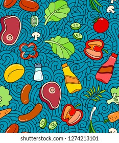 Bbq Seamless Pattern, Farmers market, Corporate identity set, Fast food, package design,  Vector illustration