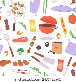 Bbq seamless pattern. Food and grill tools, barbecue equipment. Meat knife, shrimp, vegetables and kebab. Chicken and sauce bottles, racy vector background