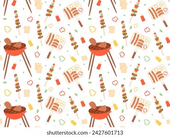 BBQ seamless pattern. Grill grate barbecue with skewer and meat endless background. BBQ grill cover. Vector flat illustration.