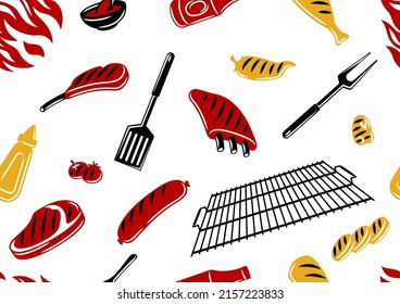 Bbq seamless pattern with grill objects and icons. Stylized kitchen and restaurant items.