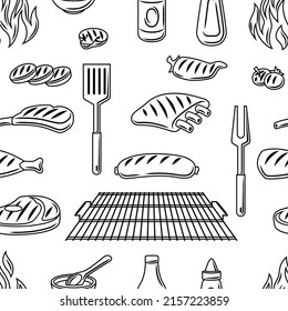 Bbq seamless pattern with grill objects and icons. Stylized kitchen and restaurant items.