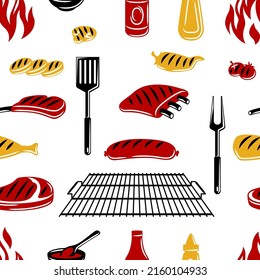 Bbq seamless pattern with grill objects and icons. Stylized kitchen and restaurant items.