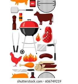 Bbq seamless pattern with grill objects and icons.