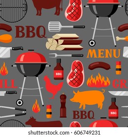 Bbq seamless pattern with grill objects and icons.