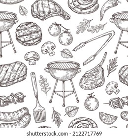 Bbq seamless pattern. Healthy pork grill, barbecue chef party. Restaurant cafe sketch, isolated doodle meat steak. Picnic neoteric vector texture