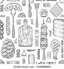 BBQ Seamless Pattern, white Barbecue background in sketch engraved style with grill vector food. Meat steak, beef kebab, fish, sausage, rib. Barbeque menu doodle hand drawn illustration.