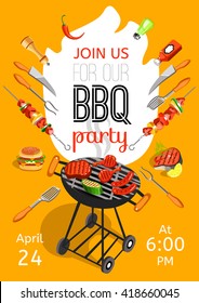 BBQ season opening party announcement flat poster with barbecue accessories event date and time abstract vector illustration