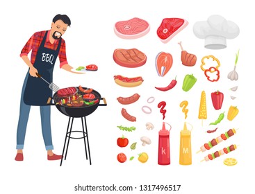 BBQ serving man and isolated icons set vector. Grille grid with roasting meat, beef and pork skewers. Vegetables and sauces, chef hat and brochettes