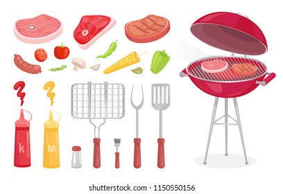 BBQ set, barbecue equipment and meat, vector icon. Grille and spatula, fork and grill, sauce and spice in tube, steak and sausage, veggie and herbs