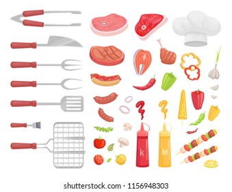 BBQ set, barbecue equipment and meat, vector icon. Grille and spatula, fork and small brush, knife and forceps, steak and sausage, sauce and veggie