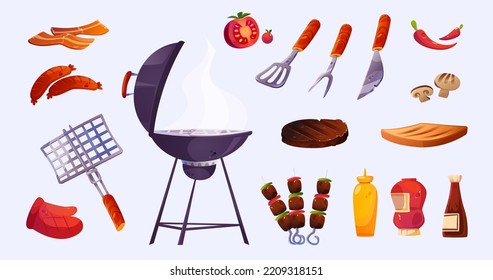 Bbq set, barbecue food and cooking stuff. Grill machine, grid, steak, glove, sausages and bacon. Kebab, tomato, ketchup, mustard and sauce bottles isolated design elements, Cartoon vector illustration