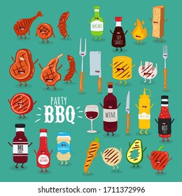 BBQ set. Cute picnic items. Vector illustration.