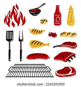 Bbq set of grill objects and icons. Stylized kitchen and restaurant items.