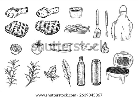 BBQ set with grilled meats, chicken, vegetables, and cooking tools line ink illustration in black and white. Raw chicken lower legs vector graphic sketch for BBQ menus, summer event, family gathering.