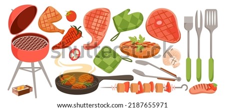 BBQ set, hot barbecue grilled food vector illustration. Cartoon isolated barbeque menu for summer party with meat on skewer and sausage, beef steak and vegetables, kitchen equipment and tools