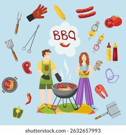 BBQ set with man and woman cooking food on a grill. In cartoon style on a light blue background. Suitable for food themes, summer barbecue designs and culinary content.