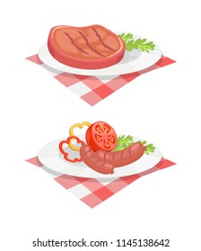 BBQ set, meat for barbecue on plate, isolated vector icon. Roast steak and grilled sausage with sliced tomato, pepper and herbs in dish on tablecloth