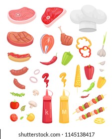 BBQ set, meat for barbecue and spice vector icon. Beef and fish steak, sausage and chicken, ketchup and mustard, veggie and herbs, kebab and headpiece
