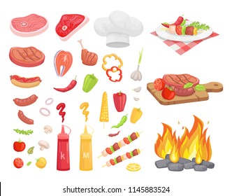 BBQ Set, Meat And Spice Vector. Steak And Sausage And Chicken, Veggie And Herbs, Sauce Bottle, Dish On Plate, Cutting Board, Bonfire And Headpiece