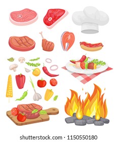 BBQ set, meat and spice vector. Beef and fish steak, hot dog and chicken, veggie and herbs, dish on plate and cutting board, bonfire and headpiece