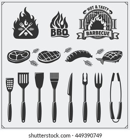 BBQ set. Steak icons, BBQ tools and labels and emblems. Vector monochrome illustration.