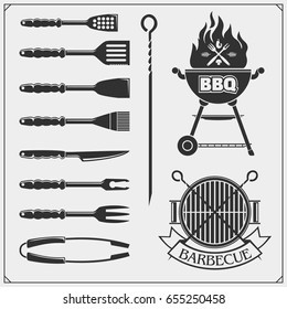 BBQ set. Steak icons, BBQ tools and labels and emblems. Vector monochrome illustration.