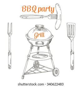 BBQ with a set of table objects: fork, spatula