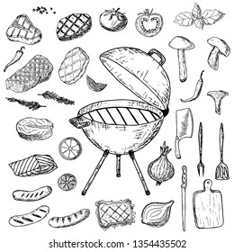 BBQ set. Vector cartoon illustrations. Isolated objects on a white background. Hand-drawn style. 