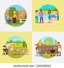 Bbq set, vector flat illustration. Picnic with family, friends and pets in park, in backyard. Elderly and young couples, family with two kids cooking meat on barbeque grill, eating and having fun.