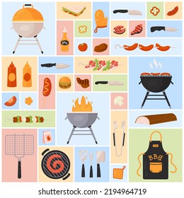 BBQ set vector illustration. Cartoon meat and vegetables barbecue food with sauces, fork knife and skewer tools and grill equipment in square collage background. Picnic, summer party meals concept