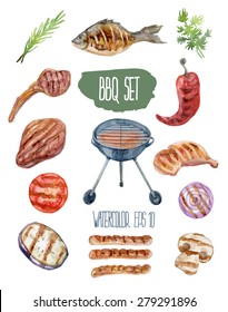 BBQ set. Vector watercolor illustration.