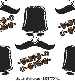 BBQ or shashlik and Georgian man face seamless pattern vector meat and mustache with hat travel to Georgia cuisine and nationality traditional headdress and beef or pork on skewer endless texture