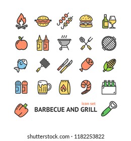 Bbq Signs Color Thin Line Icon Set Include of Sausage, Steak, Fire, Grilled and Fork. Vector illustration of Icons