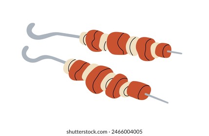 BBQ skewer. Kebab, shashlik, grilled meat with onion. Barbecue, fried and roasted beef, pork on metal stick. Summer snack, barbeque food, eating. Flat vector illustration isolated on white background