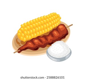 BBQ skewers with corn and sauce illustration