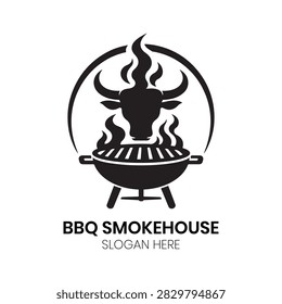 BBQ Smokehouse logo showcases a rustic grill overflowing with premium smoked meats and fiery barbecue flames. This traditional, appetizing design is highly effective for barbecue restaurants, smokehouse grills, steakhouse eateries, or catering businesses requiring a distinct, bold identity that emphasizes authentic barbecue flavor, flame-broiled meats, and rustic dining.