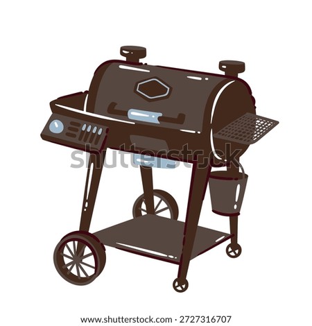 BBQ smoker grill in American backyard style, outdoor barbecue smoker with lid, wheels and side shelf, classic USA cooking equipment, grill barbecue concept, cartoon vector illustration