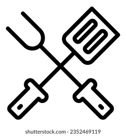 BBQ spatula and fork line icon, picnic concept, Grill Tools sign on white background, Barbecue fork with spatula icon in outline style mobile concept web design. Vector graphics.