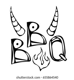 BBQ Steak Concept Lettering with Fire and Bull Horns. Meat Logo. Realistic Doodle Cartoon Style Hand Drawn Sketch Vector Illustration.Isolated On a White Background.