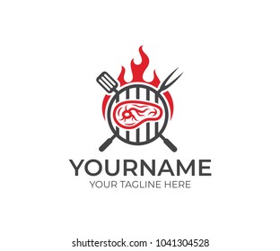 BBQ and steak with fire logo template. Grill and meat with fork and spatula vector design. Fast food illustration