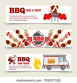 BBQ and steak horizontal banners template. Meat, barbecue and a food truck on a white background. Vector set banner illustration