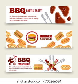BBQ and steak horizontal banners template. Meat, burgers and barbecue icons. Vector illustration