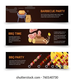 BBQ and steak horizontal banners template. Meat, coal, firewood and barbecue on a black background. Poster for barbecue party and bbq time. Vector illustration