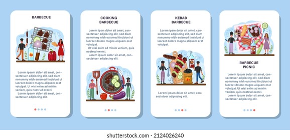 BBQ steak mobile application banner set. Grilled meat with vegetables. Delicious barbecue with a hot sauce. Sausage, pork and beef kebab. Flat vector illustration