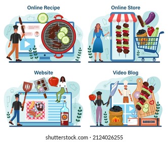 BBQ steak online service or platform set. Grilled meat with vegetables. Barbecue with a hot sauce. Sausage, pork and beef kebab. Online recipe, store, video blog, website. Flat vector illustration
