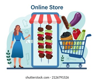 BBQ steak online service or platform. Grilled meat with vegetables. Barbecue with a hot sauce. Sausage, pork and beef kebab. Online store. Flat vector illustration