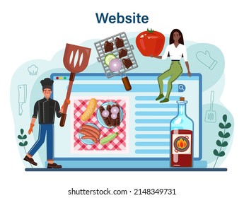 BBQ steak online service or platform. Grilled meat with vegetables. Barbecue with a hot sauce. Sausage, pork and beef kebab. Website. Flat vector illustration